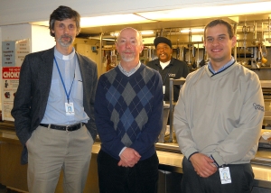 Front (L to R): Rev. Mark Breese, Rev. Jim Kelsey (Executive Minister- ABCNYS), Christian Hoffman (Development Manager for CMI). Background: Jimmie Walker (Cook for CMI). One-on-one ministry is practiced daily in the Mission's Community Soup Kitchen in Niagara Falls, N.Y.